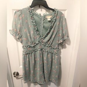 Altar’d State Women’s Romper Size XL Green Floral Zip Up With Liner Polyester
